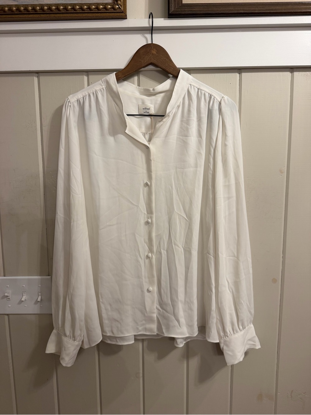 NWT Wilfred/Aritzia Ivory Button-Front Band Collar Button Up Blouse, Size XL